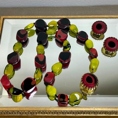 Vintage Austrian Red and Yellow glass Necklace and Earrings set