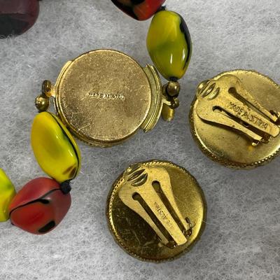 Vintage Austrian Red and Yellow glass Necklace and Earrings set