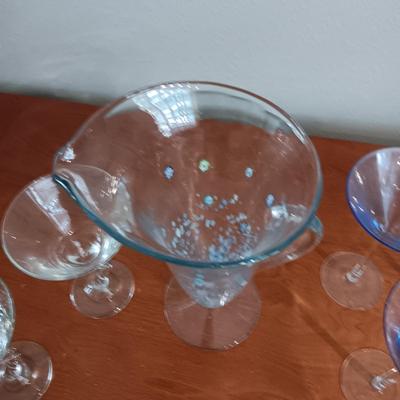 GLASS PITCHER WITH PRETTY BLUE FLOWERS AND STEMMED GLASSES