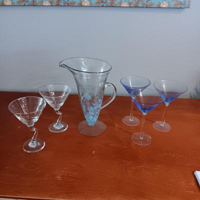 GLASS PITCHER WITH PRETTY BLUE FLOWERS AND STEMMED GLASSES