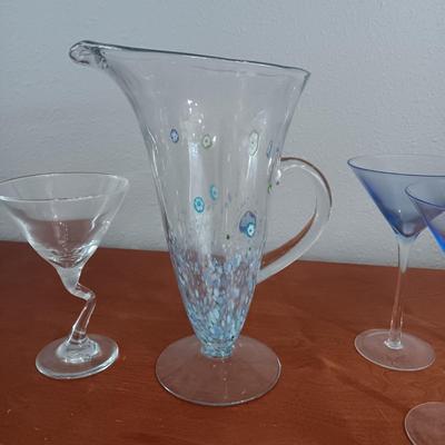 GLASS PITCHER WITH PRETTY BLUE FLOWERS AND STEMMED GLASSES