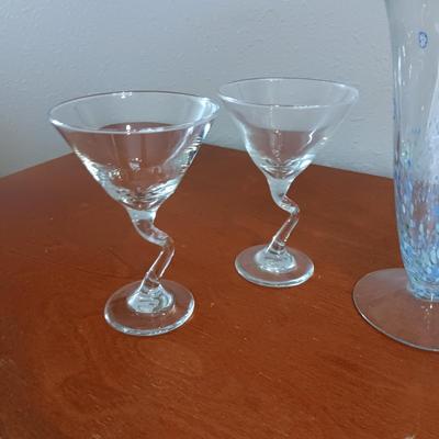 GLASS PITCHER WITH PRETTY BLUE FLOWERS AND STEMMED GLASSES