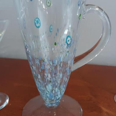 GLASS PITCHER WITH PRETTY BLUE FLOWERS AND STEMMED GLASSES