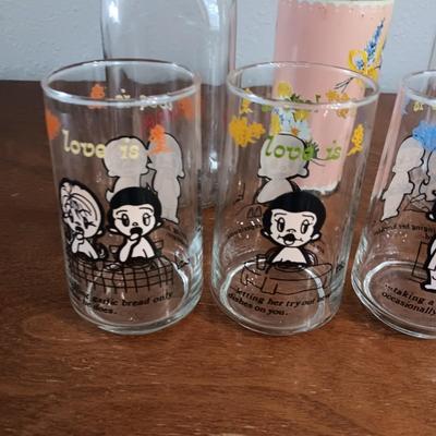OLDER GLASS MILK BOTTLES AND THERMOS PLUS "LOVE IS" GLASSES