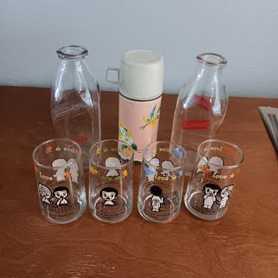 OLDER GLASS MILK BOTTLES AND THERMOS PLUS "LOVE IS" GLASSES