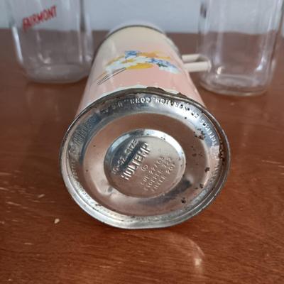 OLDER GLASS MILK BOTTLES AND THERMOS PLUS "LOVE IS" GLASSES