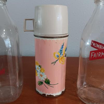 OLDER GLASS MILK BOTTLES AND THERMOS PLUS "LOVE IS" GLASSES