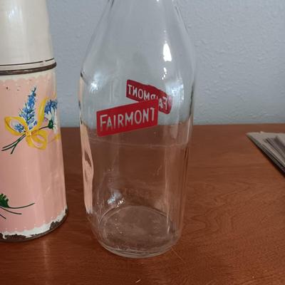 OLDER GLASS MILK BOTTLES AND THERMOS PLUS "LOVE IS" GLASSES