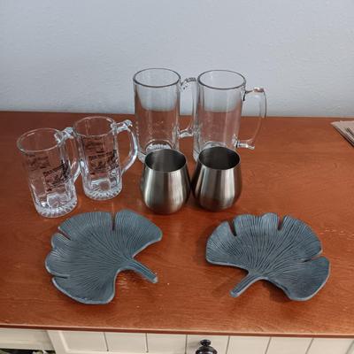 GLASS BEER MUGS AND METAL CUPS PLUS 2 METAL SERVING LEAVES