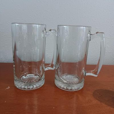 GLASS BEER MUGS AND METAL CUPS PLUS 2 METAL SERVING LEAVES