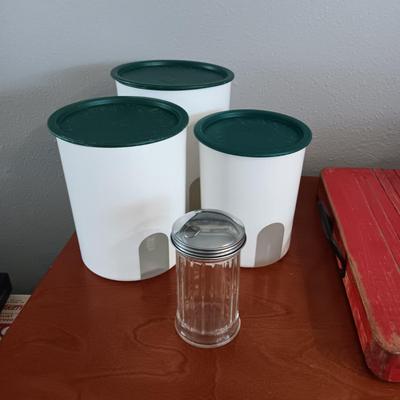 WOODEN SLAT SERVING BLOCK, HAND MIXER, FLOUR SIFTER, SUGAR POURER AND PLASTIC CANISTERS