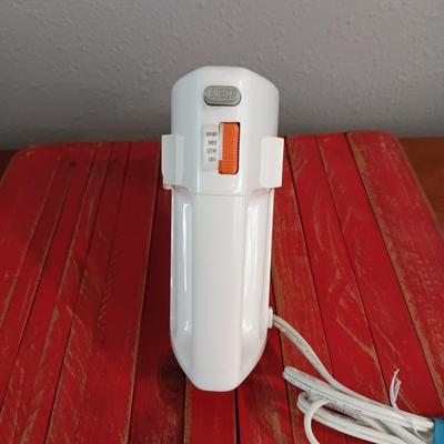 WOODEN SLAT SERVING BLOCK, HAND MIXER, FLOUR SIFTER, SUGAR POURER AND PLASTIC CANISTERS
