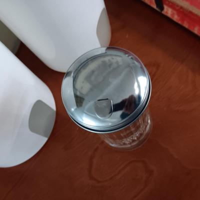 WOODEN SLAT SERVING BLOCK, HAND MIXER, FLOUR SIFTER, SUGAR POURER AND PLASTIC CANISTERS