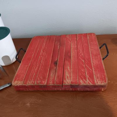 WOODEN SLAT SERVING BLOCK, HAND MIXER, FLOUR SIFTER, SUGAR POURER AND PLASTIC CANISTERS