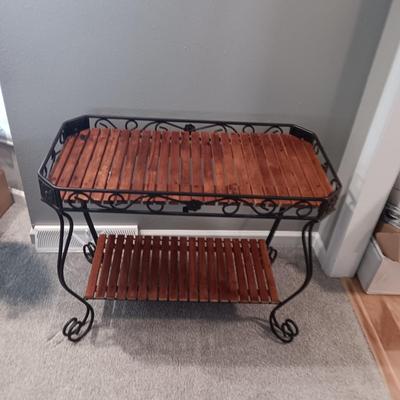 WROUGHT IRON 2 TIER STAND WITH WOODEN SLATS