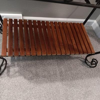 WROUGHT IRON 2 TIER STAND WITH WOODEN SLATS