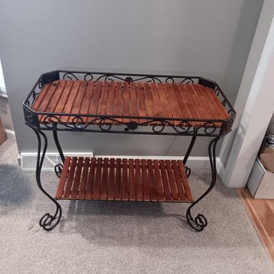WROUGHT IRON 2 TIER STAND WITH WOODEN SLATS