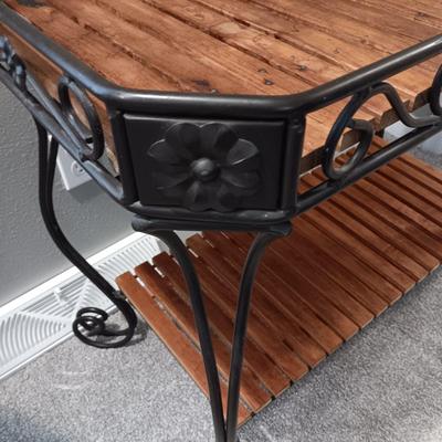 WROUGHT IRON 2 TIER STAND WITH WOODEN SLATS