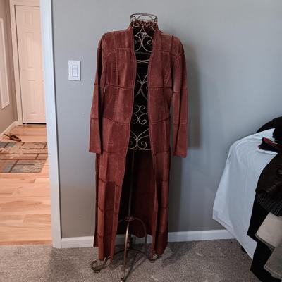 LADIES RUST COLORED LONG LEATHER JACKET (MEDIUM)