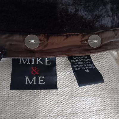 CLASSY MIKE & ME IVORY COLORED KNIT SWEATER WITH GOLD BEAD ACCENTS AND REMOVABLE FAUX FUR COLLAR (MEDIUM)