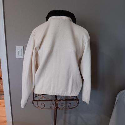 CLASSY MIKE & ME IVORY COLORED KNIT SWEATER WITH GOLD BEAD ACCENTS AND REMOVABLE FAUX FUR COLLAR (MEDIUM)