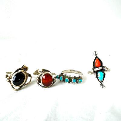 1240 Lot of 4 Silver Rings with Turquoise, Onyx, Amber