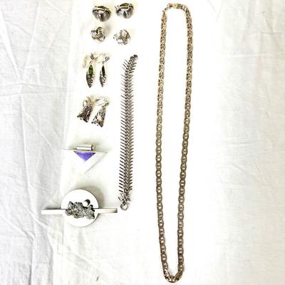 1241 Lot of Silver Necklace, Earrings, Pins, and Bracelet