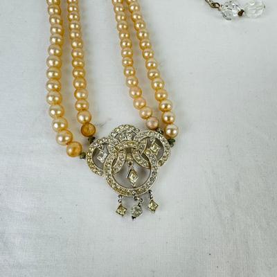 1249 Vintage Faux Pearl/Rhinestone Necklace With Perfume Bottle, Artisan Made Rhinestone Silver Tone Pendant & 1.75 Silver Tone Green...