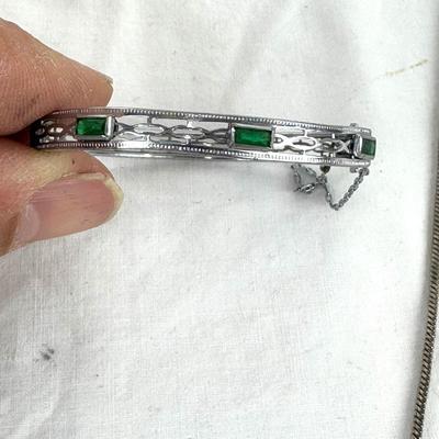 1249 Vintage Faux Pearl/Rhinestone Necklace With Perfume Bottle, Artisan Made Rhinestone Silver Tone Pendant & 1.75 Silver Tone Green...