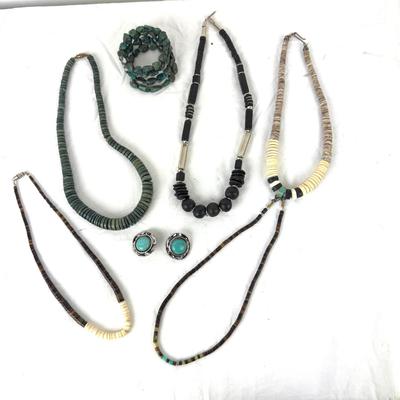 1250 Bone/Stone/Shell Necklaces With Wrap Turquoise Bracelet & Clip Earrings