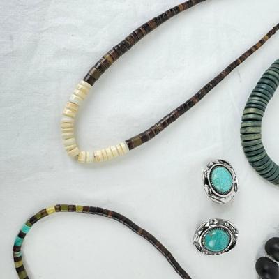 1250 Bone/Stone/Shell Necklaces With Wrap Turquoise Bracelet & Clip Earrings