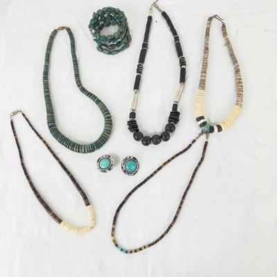 1250 Bone/Stone/Shell Necklaces With Wrap Turquoise Bracelet & Clip Earrings