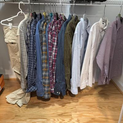 1253 Lot of Men's Plaid Casual Large/Small Shirts With Two Pairs of Pants
