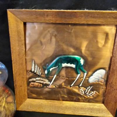 Vintage Philip Irwin Co Tooled Copper Deer Gazelle (2) Framed Wall Art MCM with glass mushroom candle