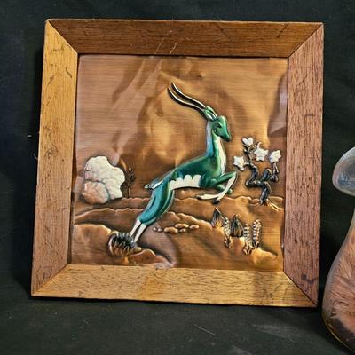 Vintage Philip Irwin Co Tooled Copper Deer Gazelle (2) Framed Wall Art MCM with glass mushroom candle