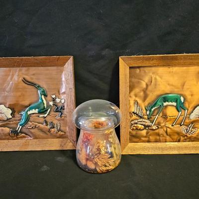 Vintage Philip Irwin Co Tooled Copper Deer Gazelle (2) Framed Wall Art MCM with glass mushroom candle
