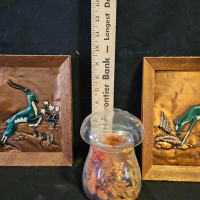 Vintage Philip Irwin Co Tooled Copper Deer Gazelle (2) Framed Wall Art MCM with glass mushroom candle