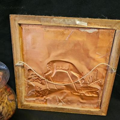 Vintage Philip Irwin Co Tooled Copper Deer Gazelle (2) Framed Wall Art MCM with glass mushroom candle