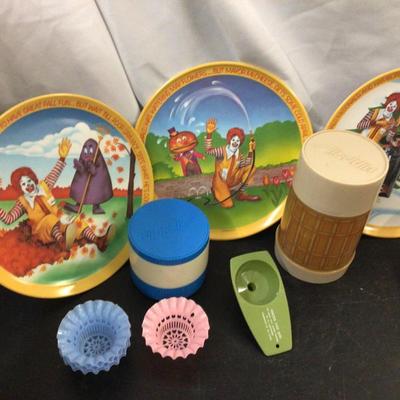 McDonald Plates, Aleddin Thermos, Egg Separator, Cup Cake Liners