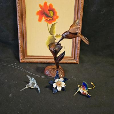 Wooden hummingbird - glass blown Hummingbird - Hand painted original floral art - and more Hummingbirds