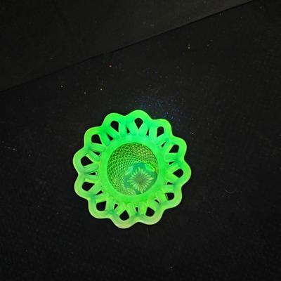 Vintage Vaseline Katy Green Diamond Point Footed Vase with Opalescent Open Lace Edge - URANIUM GLASS