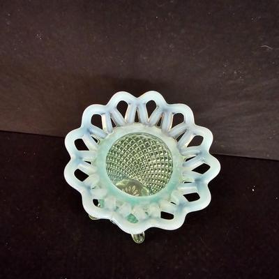 Vintage Vaseline Katy Green Diamond Point Footed Vase with Opalescent Open Lace Edge - URANIUM GLASS