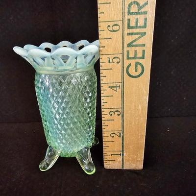 Vintage Vaseline Katy Green Diamond Point Footed Vase with Opalescent Open Lace Edge - URANIUM GLASS