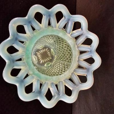 Vintage Vaseline Katy Green Diamond Point Footed Vase with Opalescent Open Lace Edge - URANIUM GLASS