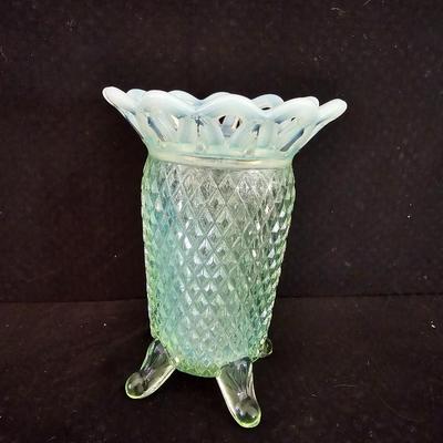 Vintage Vaseline Katy Green Diamond Point Footed Vase with Opalescent Open Lace Edge - URANIUM GLASS