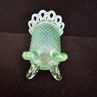 Vintage Vaseline Katy Green Diamond Point Footed Vase with Opalescent Open Lace Edge - URANIUM GLASS