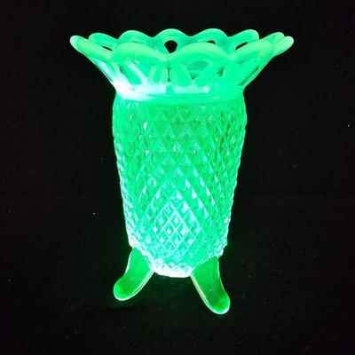 Vintage Vaseline Katy Green Diamond Point Footed Vase with Opalescent Open Lace Edge - URANIUM GLASS