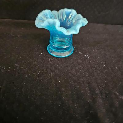 Fenton Art Glass Blue Opalescent Miniature #37 Crimped Vase 1 1/2" Tall