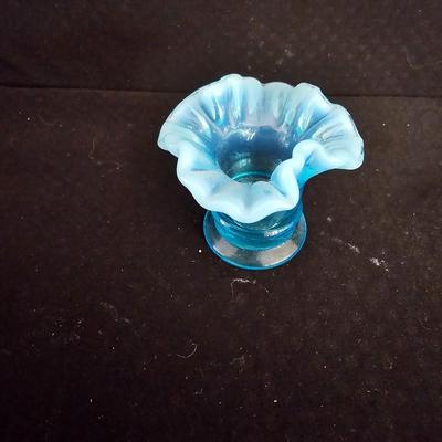 Fenton Art Glass Blue Opalescent Miniature #37 Crimped Vase 1 1/2" Tall