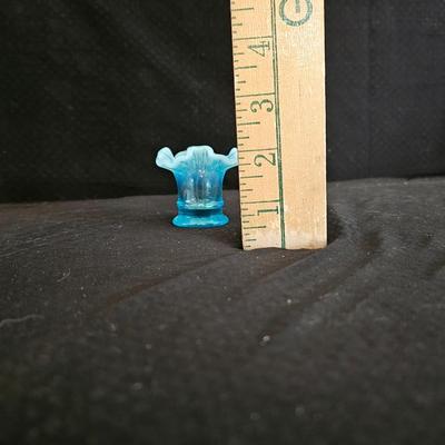 Fenton Art Glass Blue Opalescent Miniature #37 Crimped Vase 1 1/2" Tall